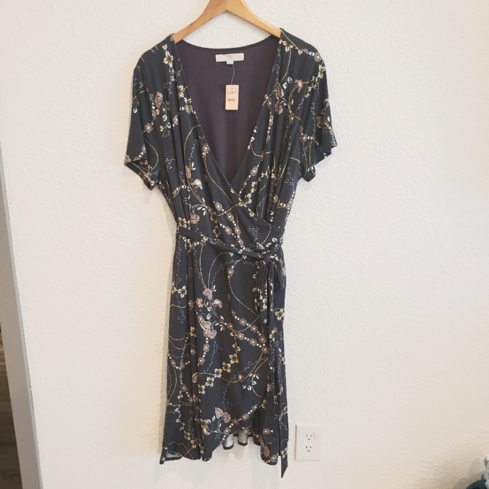 Loft Plus Size Floral Chain Coastal Gray Wrap Dress New With Tags Size 22